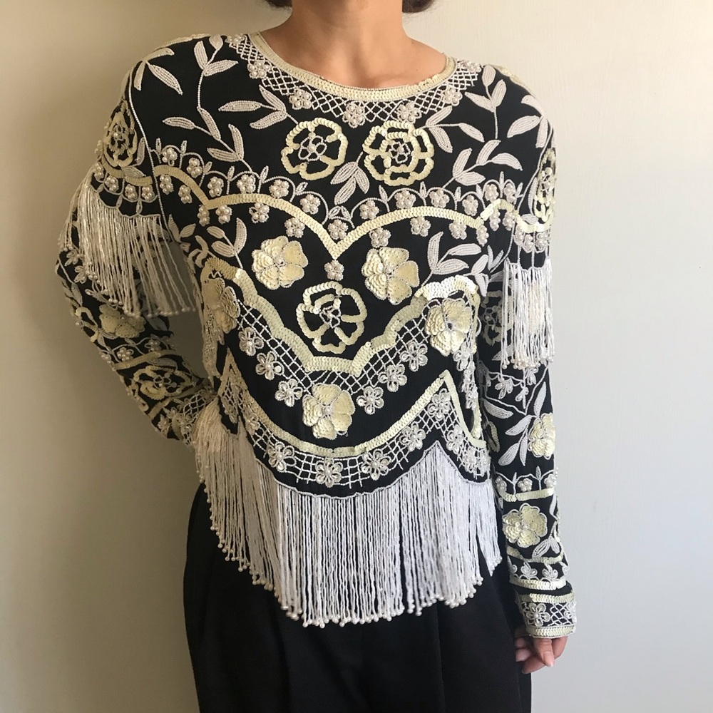 Vintage 80s Beaded Top SM silk lined